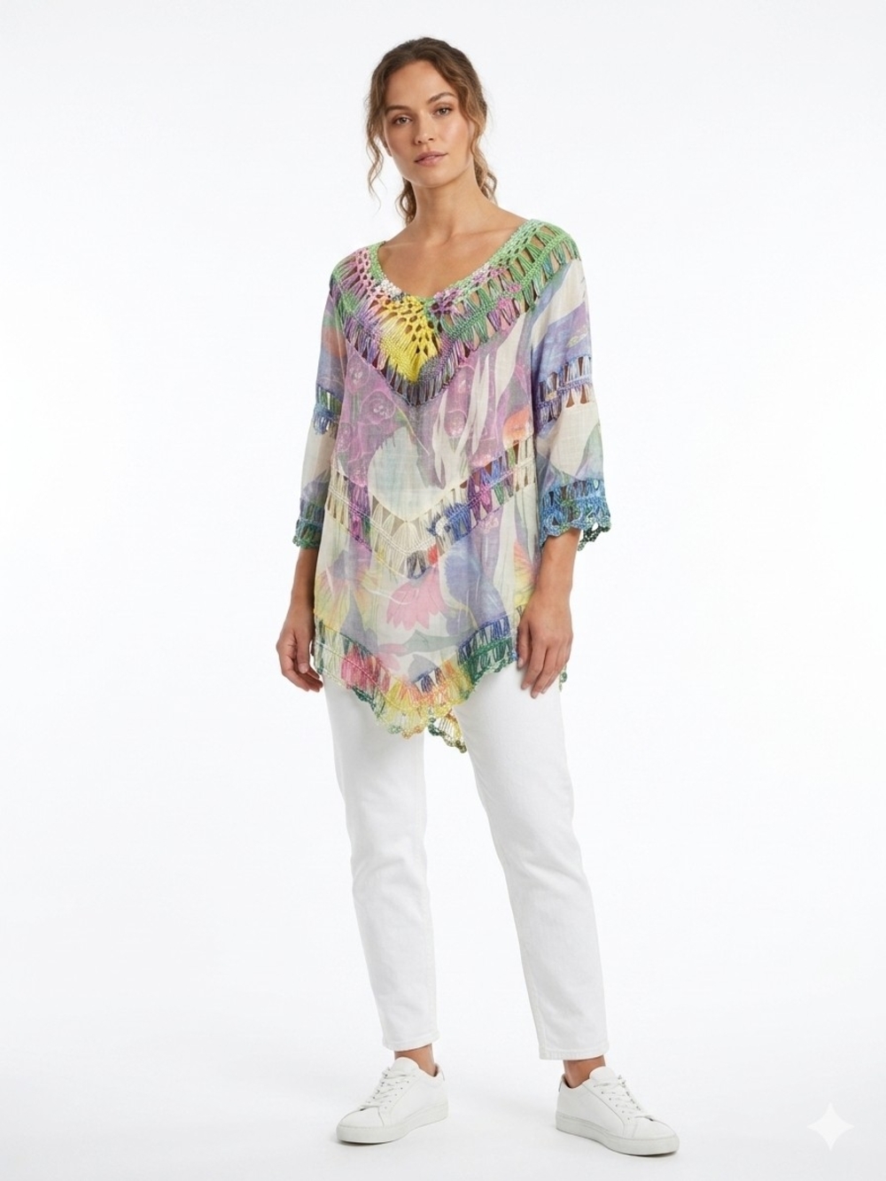 JANICE Boho Crochet Floral Sharkbite Hem Tunic Blouse Mixed Print Festival M/L